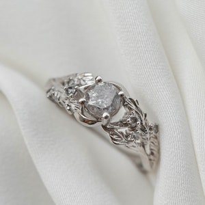 Nature inspired Salt and Pepper Diamond Engagement Ring with Gold Maple Leaves and Side Diamonds, Gray Diamond Ring in 14k or 18k Solid Gold