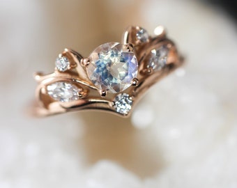 Anillo de compromiso de piedra lunar, anillo de compromiso inspirado en la naturaleza, anillo de oro con piedra lunar y diamantes, anillo de propuesta de oro macizo con moissanitas