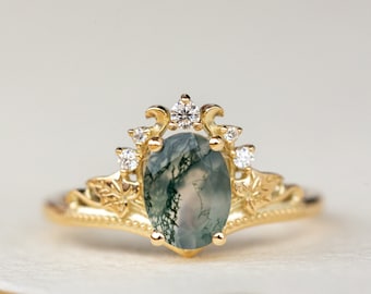 Dendritic Moss Agate Engagement ring, Gold Ivy leaves Ring, Nature Themed Engagement Ring with accent Diamonds, 14K or 18K gold