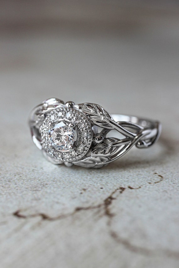 Leaf Engagement Ring With Diamond Halo Natural Diamond Ring - Etsy