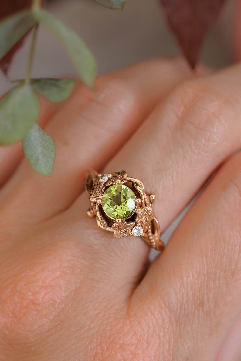 Ivy leaves engagement ring, peridot ring, nature inspired ring, gold leaf ring, elvish ring, peridot diamonds ring, fantasy engagement ring image 8
