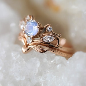 Moonstone bridal ring set, nature engagement ring, moonstone engagement ring, ring with diamonds, leaves ring, gift for her, heart ring image 5