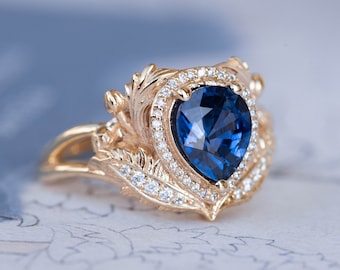 Donkerblauwe natuurlijke saffier verlovingsring met Diamond Halo, natuur geïnspireerde ring, gouden bladeren ring, fantasie verlovingsring, 14K 18K goud