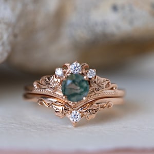 Ivy Leaf Green Moss Agate Ring Set, Leafy Elvish Engagement Ring & Matching Leaves Wedding Band with Diamond, 2pcs Bridal set 14K / 18k Gold image 3