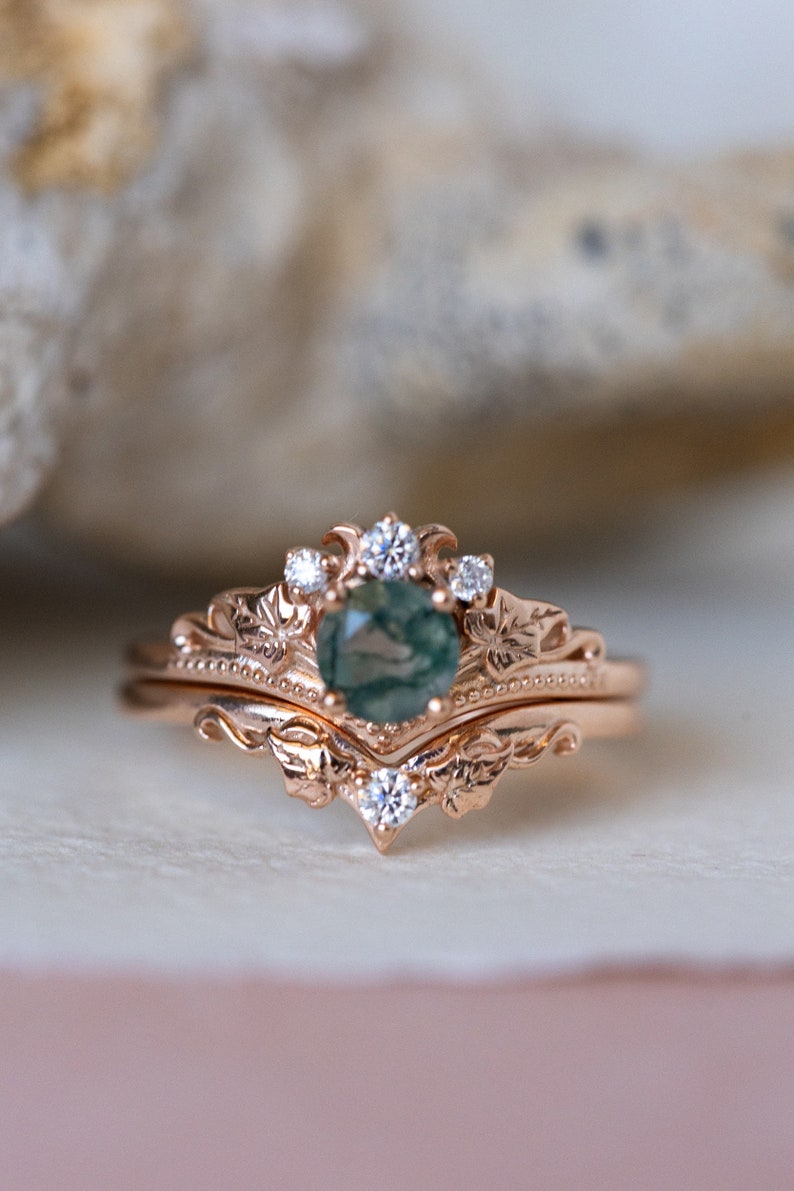 Ivy Leaf Green Moss Agate Ring Set, Leafy Elvish Engagement Ring & Matching Leaves Wedding Band with Diamond, 2pcs Bridal set 14K / 18k Gold image 3