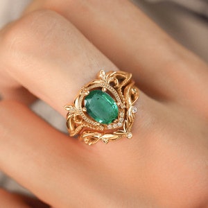 Emerald bridal ring set, 14K gold ring, emerald and diamonds ring, engagement and wedding ring set, art nouveau ring, natural emerald ring image 2