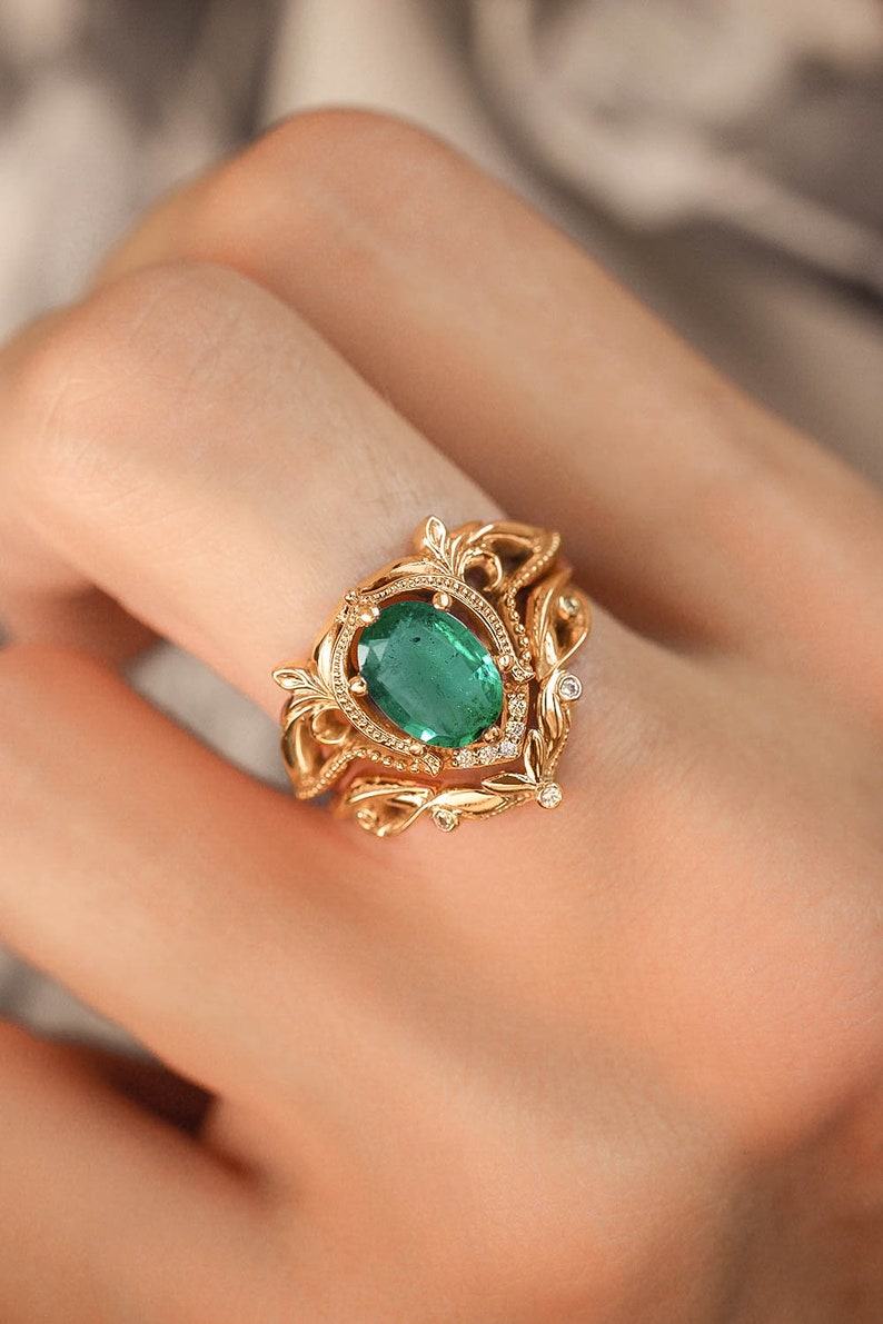 Emerald bridal ring set, 14K gold ring, emerald and diamonds ring, engagement and wedding ring set, art nouveau ring, natural emerald ring image 2