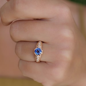 Natural Sapphire Ring with Leaves and Tiny Diamonds, Nature inspired Alternative Engagement Ring, Dark Blue Sapphire ring 14K or 18K Gold