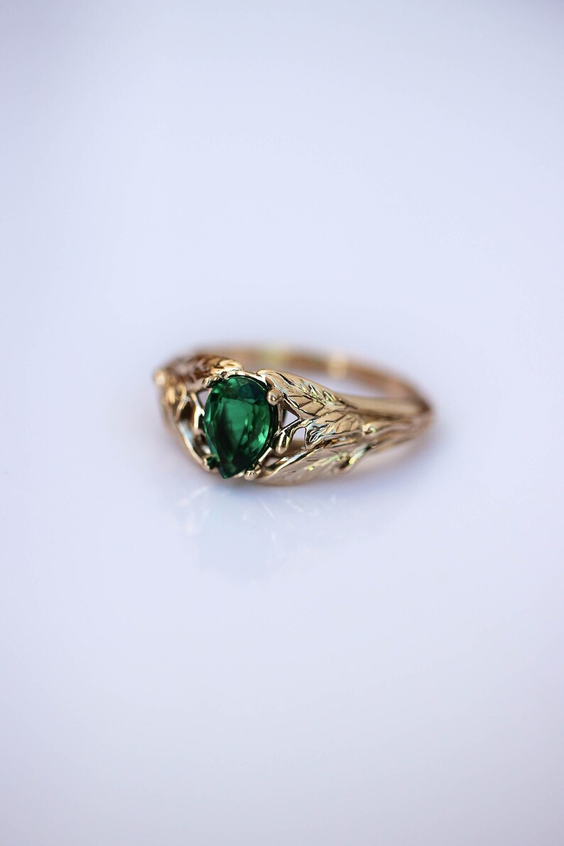 Emerald Engagement Ring 14K Yellow Gold Leaves Ring Leaf Etsy