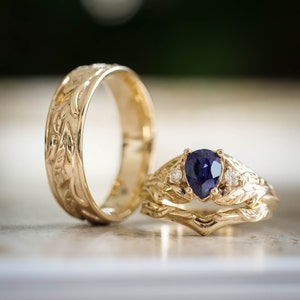 3 pcs Wedding Rings Set His and Hers, Lab Sapphire Engagement Ring and Curved band for Her & 6mm Gold Leaf Wedding Band for Him