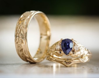 3 pcs Wedding Rings Set His and Hers, Lab Sapphire Engagement Ring and Curved band for Her & 6mm Gold Leaf Wedding Band for Him