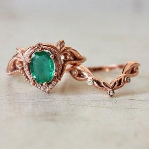Emerald bridal ring set, 14K gold ring, emerald and diamonds ring, engagement and wedding ring set, art nouveau ring, natural emerald ring image 4