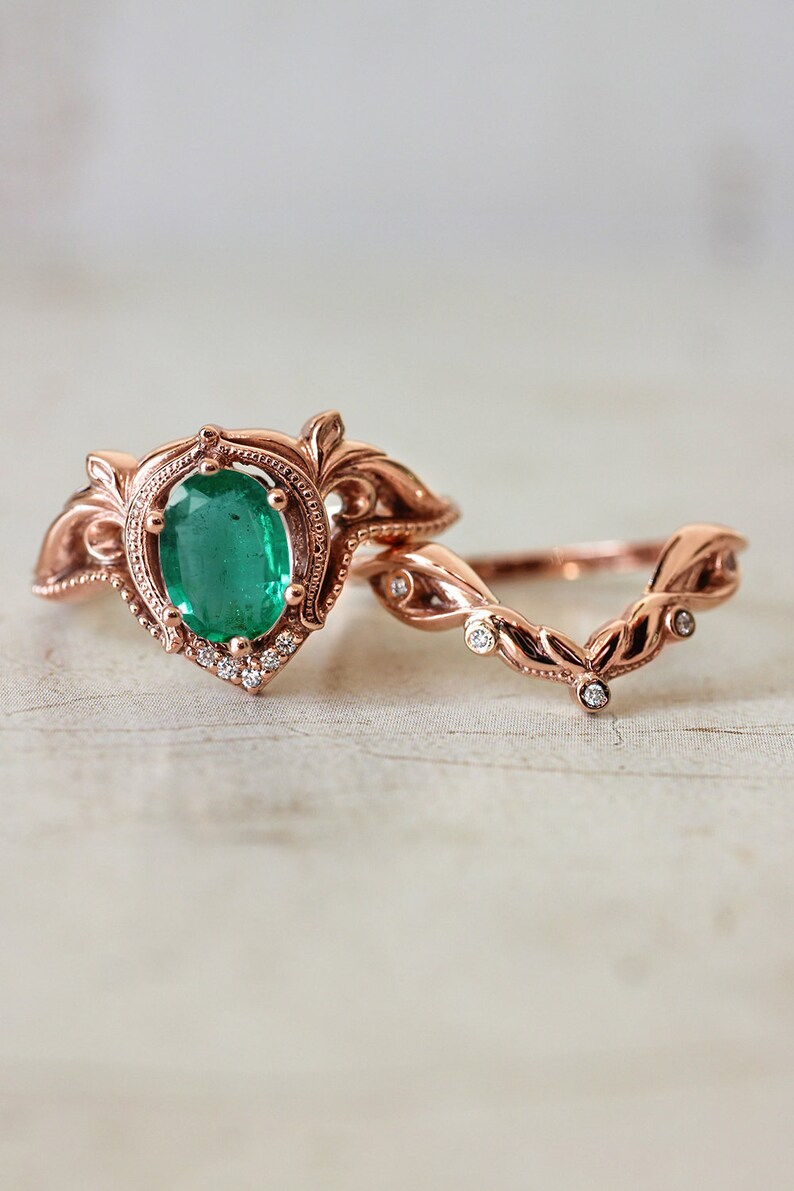 Emerald bridal ring set, 14K gold ring, emerald and diamonds ring, engagement and wedding ring set, art nouveau ring, natural emerald ring image 4