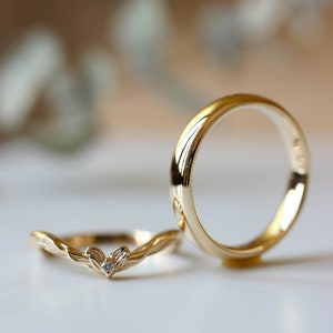 Couple Wedding Bands, Curved Diamond Wedding Ring for Her & Classic High Polished finish Ring for Him, Regular price 14k / 18k Gold Ring Set