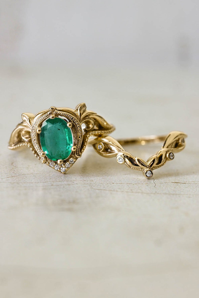 Emerald bridal ring set, 14K gold ring, emerald and diamonds ring, engagement and wedding ring set, art nouveau ring, natural emerald ring image 1