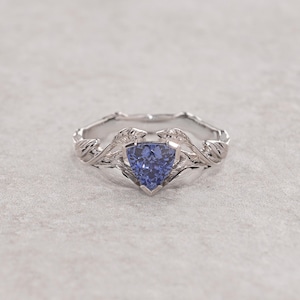 Solid gold branch engagement ring, lab sapphire ring, alternative ring, leaf ring, white gold branch ring, nature ring, fantasy engagement