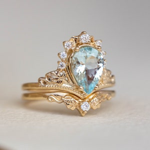 Elvish Rings - 2.8 Carat Aquamarine Bridal Set, Unique Engagement Ring Set for Bride, Gold Ivy Leaves and Diamonds in 14k or 18k Gold