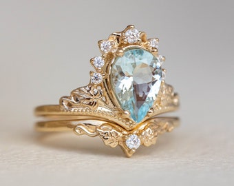 Elvish Rings - 2.8 Carat Aquamarine Bridal Set, Unique Engagement Ring Set for Bride, Gold Ivy Leaves and Diamonds in 14k or 18k Gold