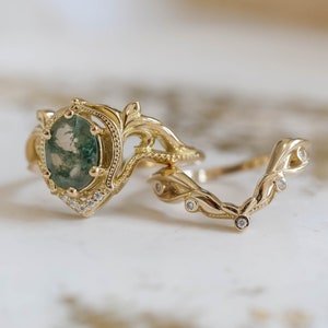 READY TO SHIP, Size 7 Us, Green Moss agate Engagement Ring & Leafy Vine Wedding Band, Elvish Nature Inspired Oval shaped Engagement Ring Set image 7