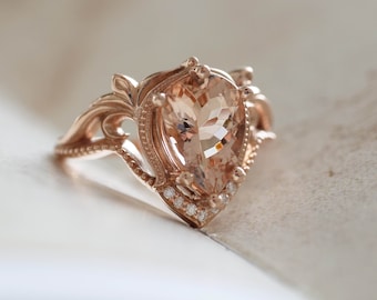 1.8 ct Natural Peach Morganite Engagement Ring, Unique Ornate Pear Morganite Ring with Moissanites or Real Diamonds in 14K or 18K gold