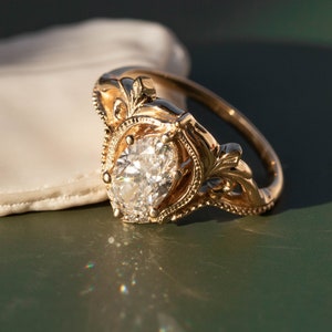 Oval cut Lab Diamond Engagement ring, IGI certified Lab Grown Diamond Ring in 14k or 18k Gold, Ornate Leafy Rings, Art nouveau flourish ring image 1