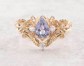 Purple sapphire bridal set with diamonds, Engagement ring with natural purple sapphire, Flower engagement ring set with a wedding band
