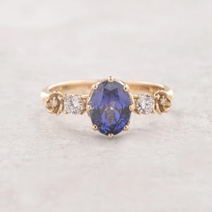 Natural blue sapphire engagement ring, floral engagement ring with diamonds