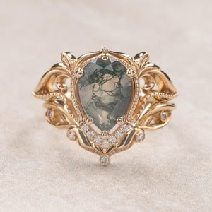 Pear cut Natural Moss agate Ring Set, Alternative Elvish Engagement Rings, Twig Engagement Ring & Wedding Ring Enhancer, 14K or 18k Gold