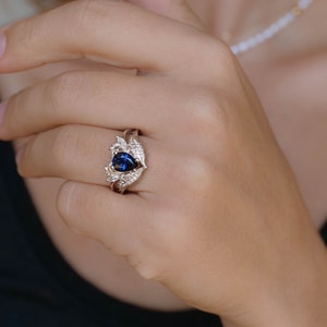 Royal Blue Sapphire Engagement Ring, 1.4 Ct Genuine Sapphire Ring, Nature Inspired Diamond Ring, Sapphire and Diamond Gold Ring for Her image 2