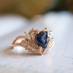 Royal Blue Sapphire Engagement Ring, 1.4 Ct Genuine Sapphire Ring, Nature Inspired Diamond Ring, Sapphire and Diamond Gold Ring for Her image 3