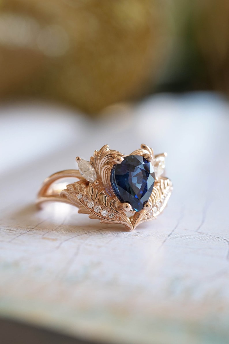 Royal Blue Sapphire Engagement Ring, 1.4 Ct Genuine Sapphire Ring, Nature Inspired Diamond Ring, Sapphire and Diamond Gold Ring for Her image 3