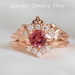 Pink Tourmaline Engagement Ring, Nature inspired Diamond Crown ring, 14k or 18k Rose Gold Nature Ring for Ethical Engagement image 4