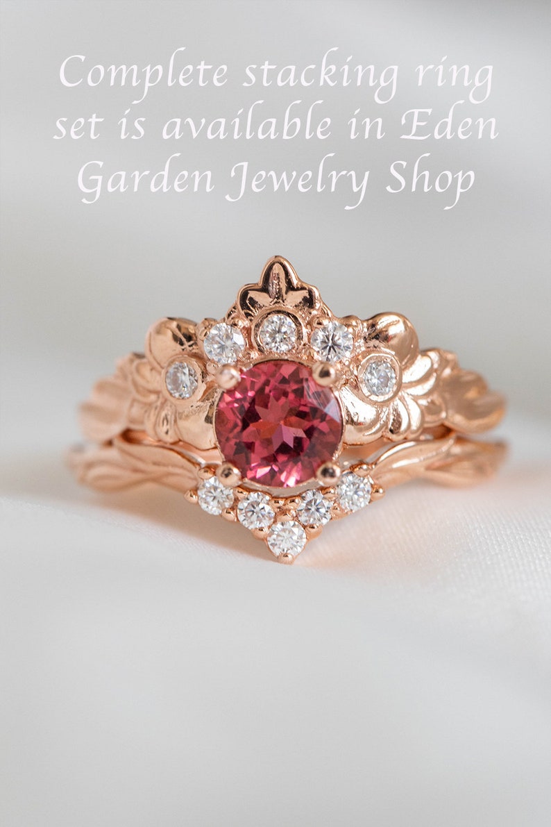 Pink Tourmaline Engagement Ring, Nature inspired Diamond Crown ring, 14k or 18k Rose Gold Nature Ring for Ethical Engagement image 4