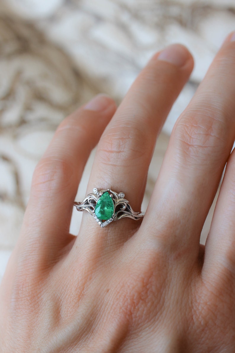 Natural emerald and diamonds ring, unique engagement ring, vintage wedding, leaves ring, moissanite ring, art nouveau ring, ring for woman image 6