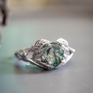 Natural Moss Agate Ring 14K or 18k Gold, Elvish Leaves Engagement Ring, Forest Green Gemstone Ring, Unique Promise Ring for Women image 9