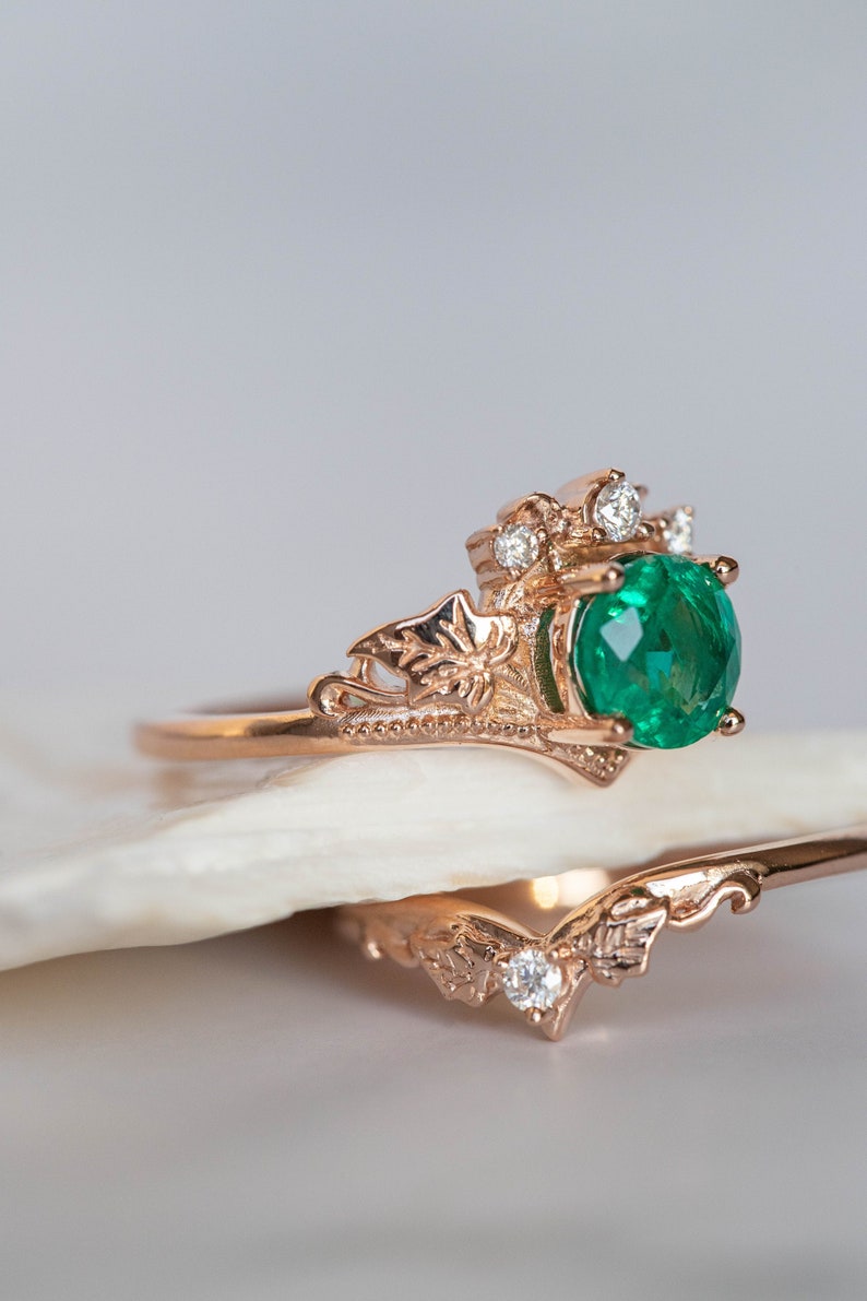 1 Carat Emerald Bridal Ring Set, Rose gold Ivy Leaves and Diamonds Engagement, Emerald Rings in 14K or 18K Gold, Fairy Bride Gold Rings image 2