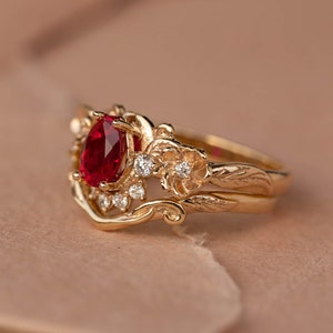 READY TO SHIP, Size 6-8 Us, Lab Ruby & Diamonds Engagement Ring Set, Gold Flower Bridal Ring Set, Nature Inspired Rings, Ring for Woman image 4