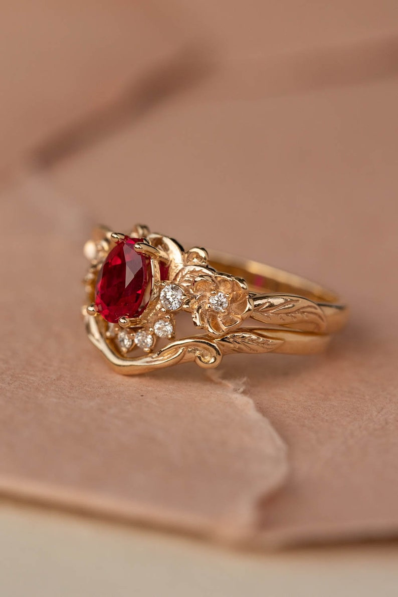 READY TO SHIP, Size 6-8 Us, Lab Ruby & Diamonds Engagement Ring Set, Gold Flower Bridal Ring Set, Nature Inspired Rings, Ring for Woman image 4