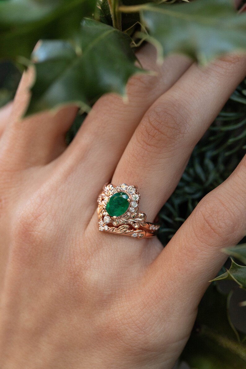 Ornate Engagement Ring Set, Natural Emerald Ring with Diamonds, 2pcs Bridal ring set, Baroque inspired Engagement in 14k or 18K Gold image 2