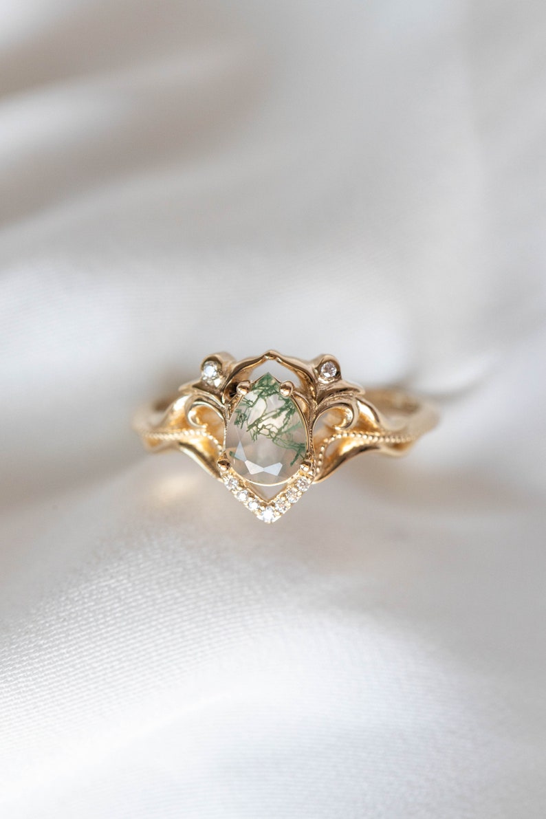 Elvish Engagement Ring Moss Agate Ring with Real Diamonds or Moissanites, Vintage inspired engagement 14k or 18K Gold, Fantasy Engagement image 7