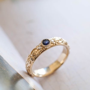 Elven Wedding Band with Leaves and Diamonds Comfort Fit Ring, Ivy Leaf Ring, Genuine Blue Sapphire Ring for Women, 14k or 18k Gold image 5