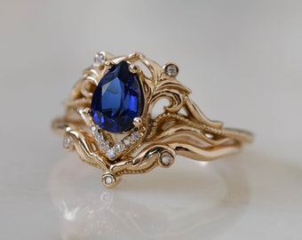 Ensemble de bague de fiançailles en saphir de laboratoire, bagues inspirées de la nature, bague en saphir poire, bague de fiançailles fantaisie avec alliance incurvée, bague elfique