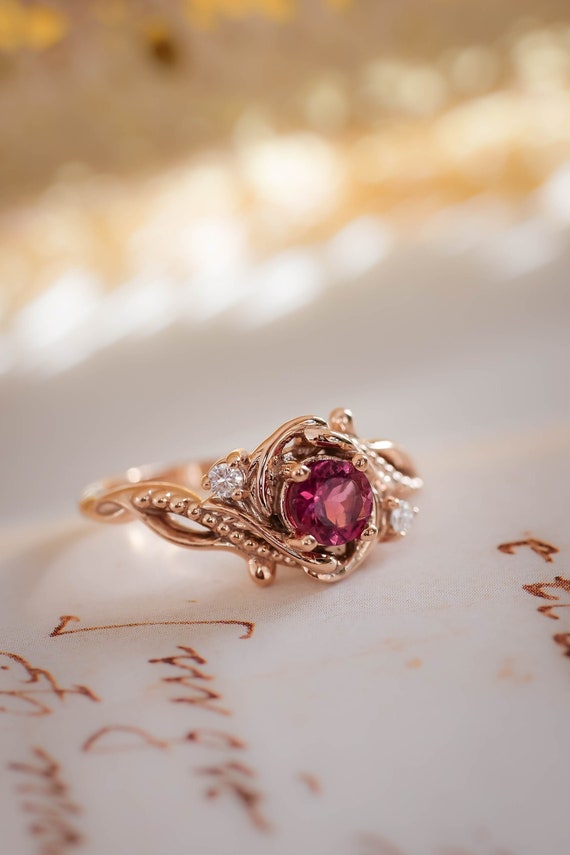 Swirl Leaf Promise Diamond Ring With Pink Sapphire In 18K Rose Gold