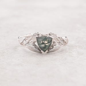 Moss agate engagement ring, white gold twig ring, trillion cut ring, nature ring, leaf engagement ring, branch engagement ring, leaves ring