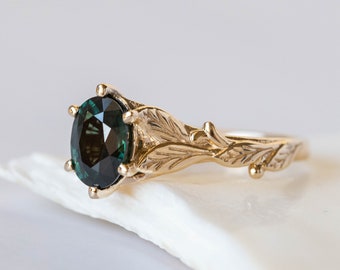 Dark Teal Genuine Sapphire Engagement ring, Delicate Fantasy Promise Leaves ring, 14k or 18k Gold Tree Branch ring for Alternative wedding