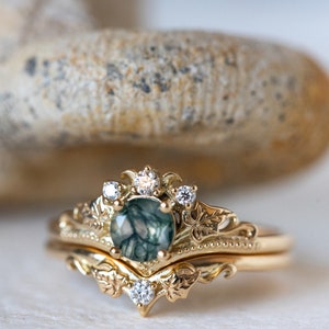 Ivy Leaf Green Moss Agate Ring Set, Leafy Elvish Engagement Ring & Matching Leaves Wedding Band with Diamond, 2pcs Bridal set 14K / 18k Gold image 9