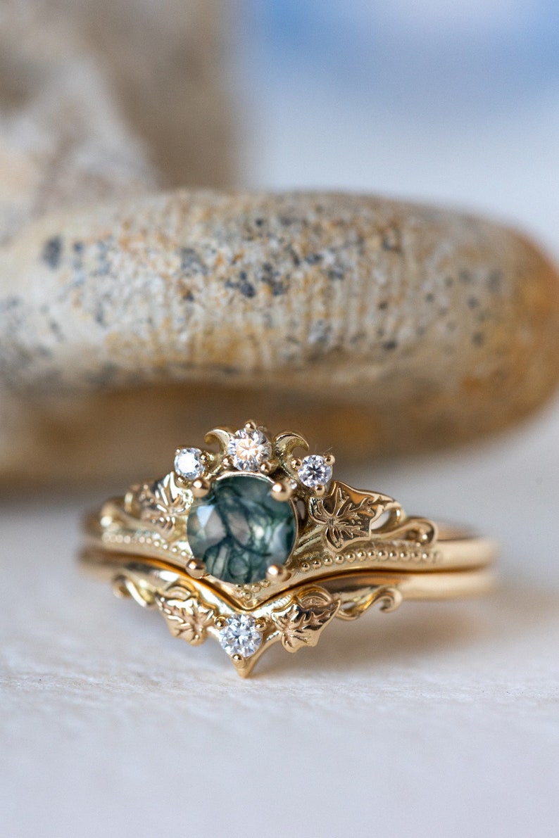 Ivy Leaf Green Moss Agate Ring Set, Leafy Elvish Engagement Ring & Matching Leaves Wedding Band with Diamond, 2pcs Bridal set 14K / 18k Gold image 9