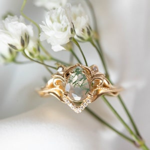 Elvish Engagement Ring Moss Agate Ring with Real Diamonds or Moissanites, Vintage inspired engagement 14k or 18K Gold, Fantasy Engagement image 4