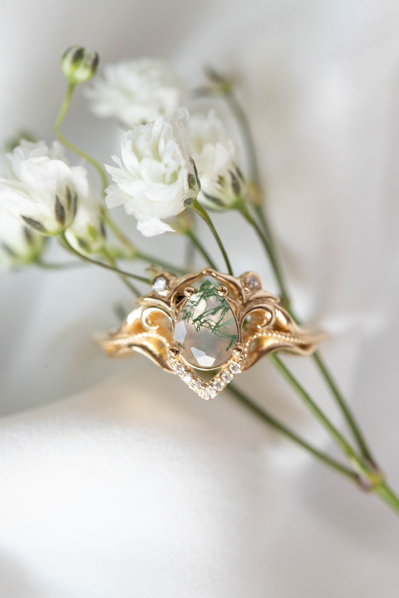 Elvish Engagement Ring Moss Agate Ring with Real Diamonds or Moissanites, Vintage inspired engagement 14k or 18K Gold, Fantasy Engagement image 4
