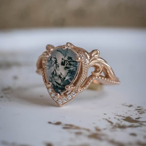 Pear cut Natural Moss agate Ring Set, Alternative Elvish Engagement Rings, Twig Engagement Ring & Wedding Ring Enhancer, 14K or 18k Gold image 10